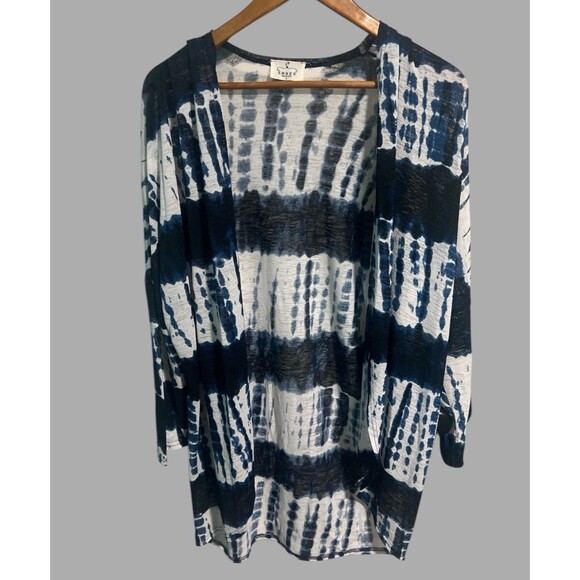 Ember Cardigan Women’s Large Long Tunic 3/4 Sleeve Blue White Tie-Dye Boho Top - Picture 1 of 3